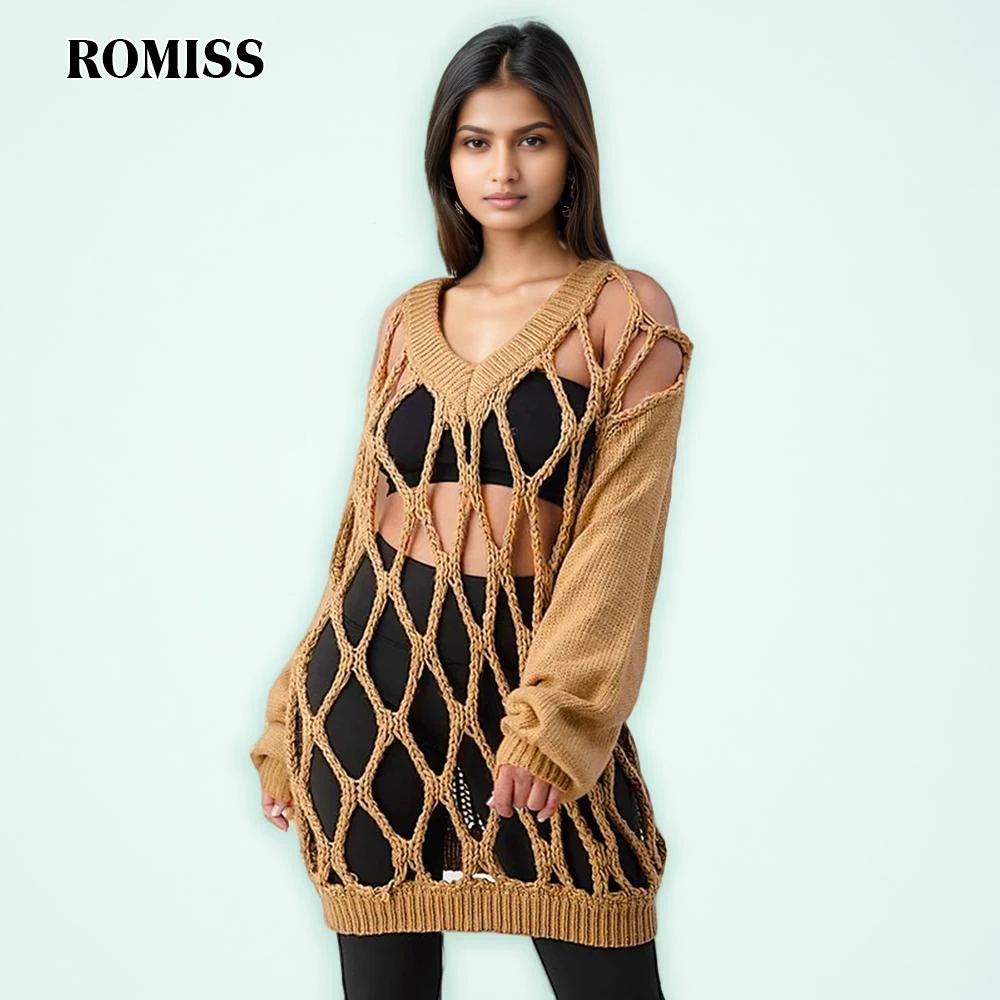 ROMISS Solid Casual Sweaters For Women V Neck Lantern Sleeve Hollow Out Loose Minimalist Pullover Sweater Female Fashion