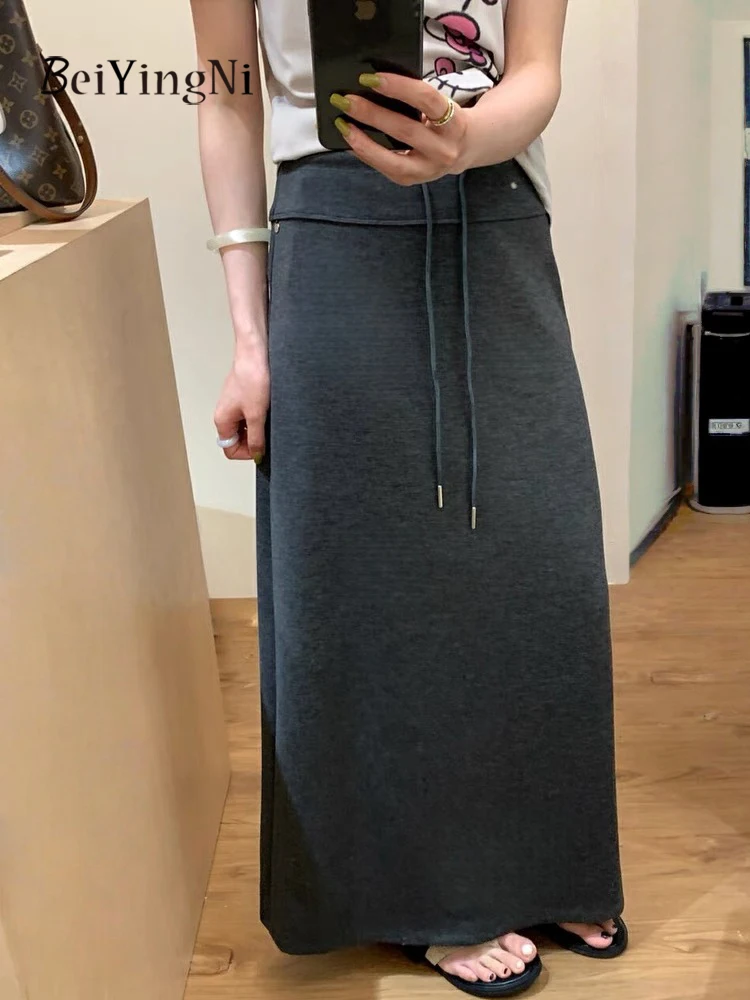 Beiyingni 2025 تنورة نسائية عصرية جديدة عادية سليم مرونة الخصر مستقيم سبليت ميدي التنانير الإناث عادية الكورية Faldas