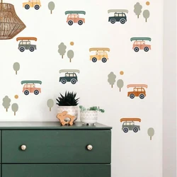forest Vintage Car Wall Sticker Waterproof Peel and Stick Watercolor Nursery Wall Decal for Boy Kid Room Home Decor