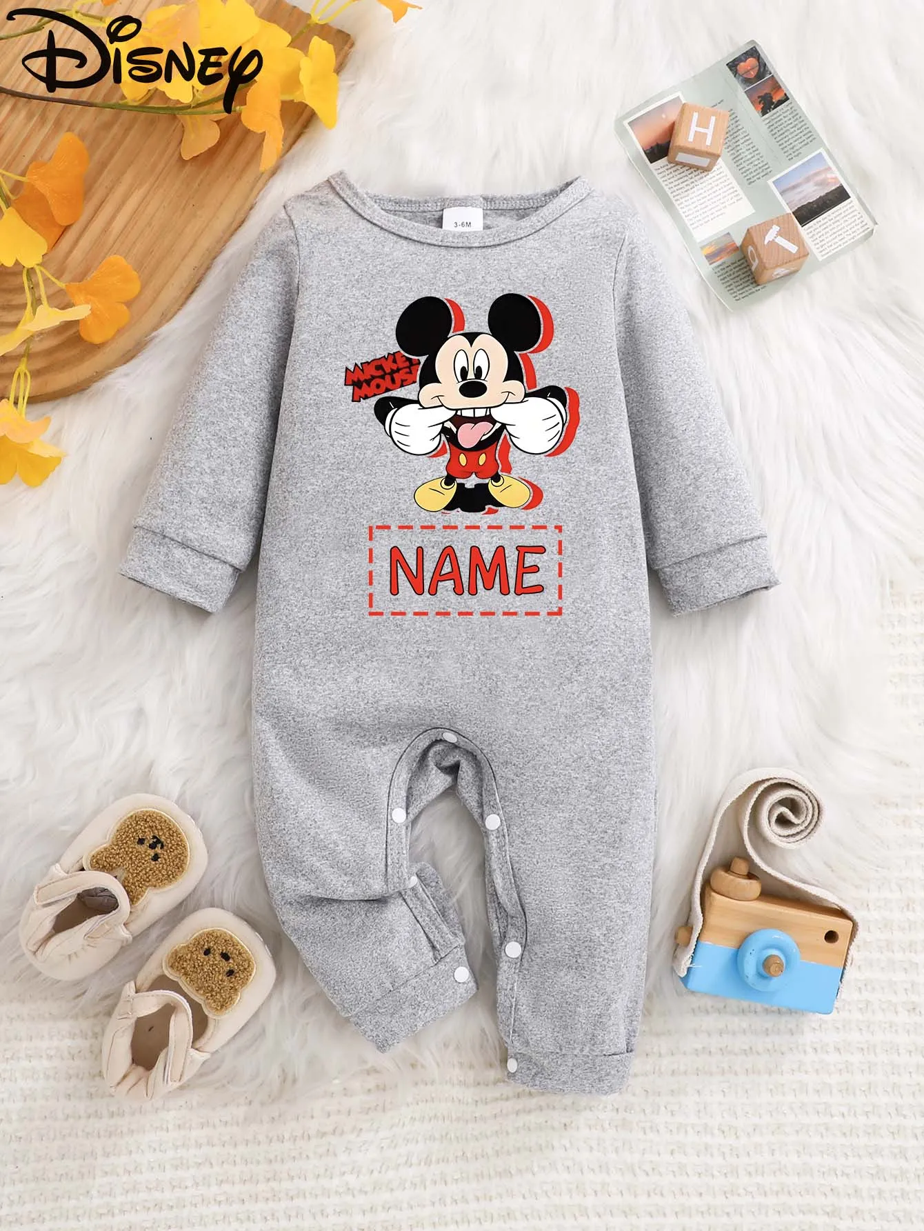 

[Officially Authorized] Disney Mickey Mouse Baby Long-Sleeved Onesie, Name Customizable, Soft and Easy-Care Fabric