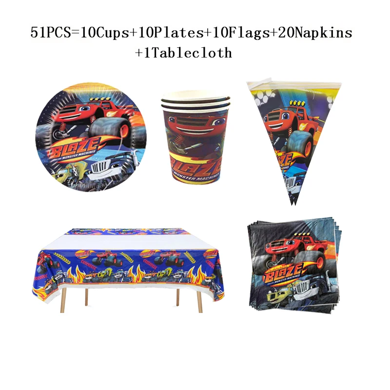 Blaze And The Monster Machines Theme Party Supplies Children Birthday Blaze Paper Cups Plates napkins Flags Tablecloth Supplies