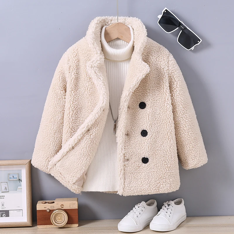 PatPat Toddler Girl/Boy Solid Classic Lamb Velvet Botton Design Lapel Coat