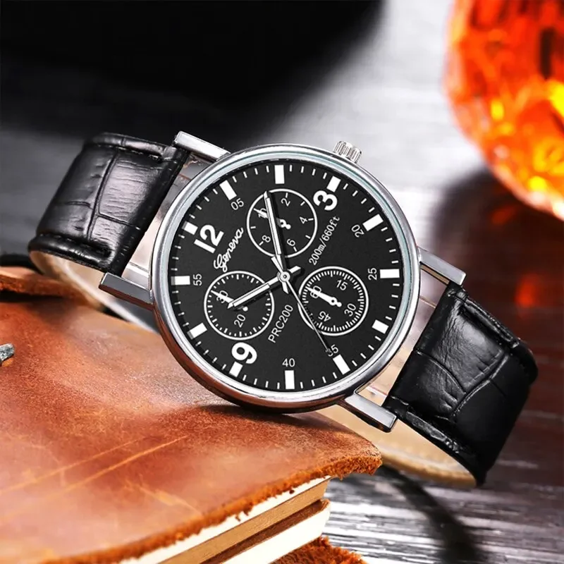 Men's Fashion Sports Style Three Eyes Watch Business Leisure Are Suitable Black Leather Strap Quartz Watch