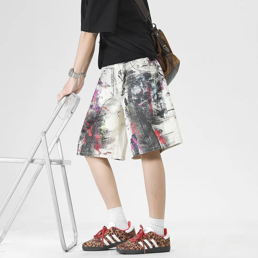 High Street Retro Art Ink Splatter Print Denim Five Quarter Shorts Men's White Cowhide Distressed Workwear Wide Leg Shorts