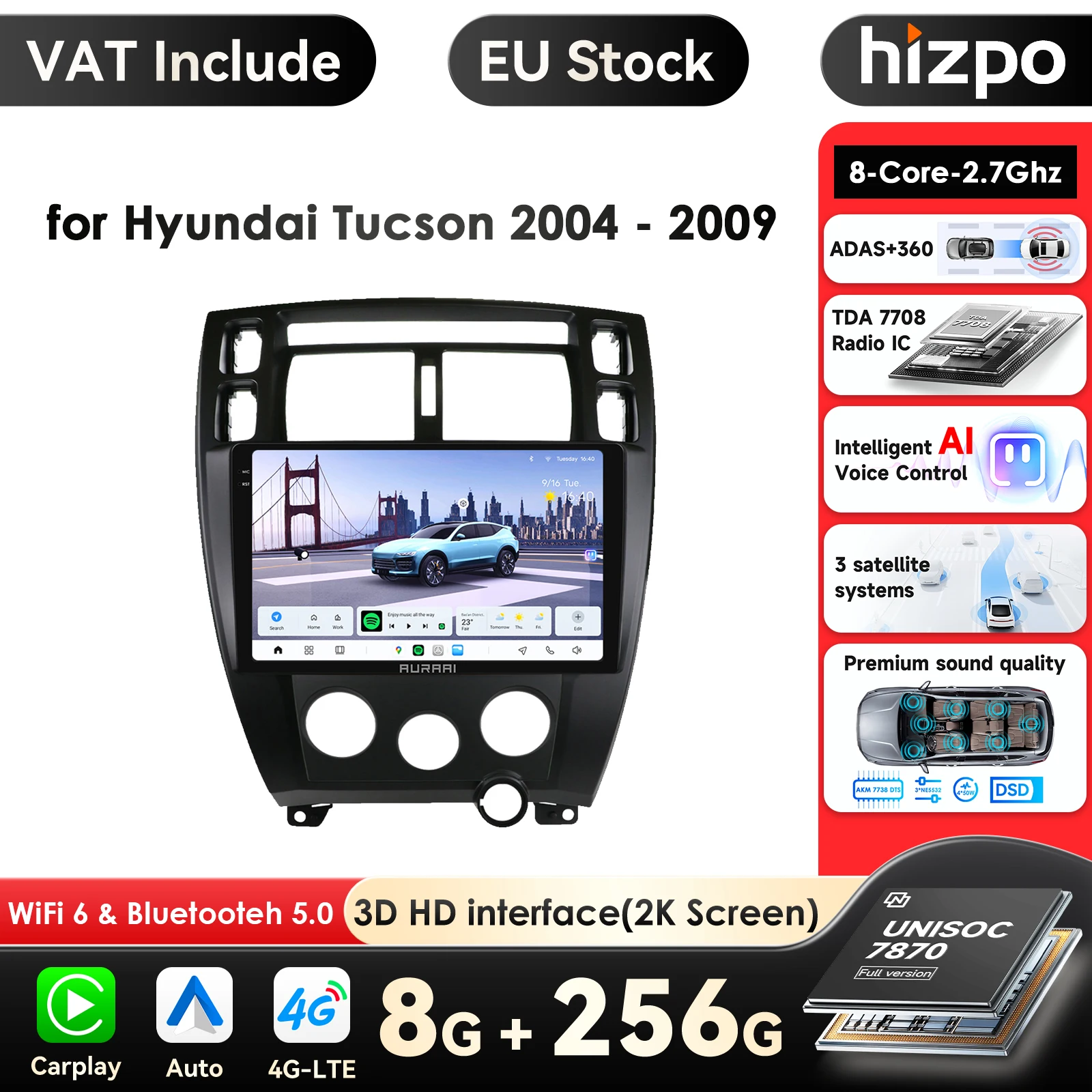 Carplay 4G-LTE Carplay Android Car Radio for Hyundai Tucson 1 2004 - 2009 AI Intelligent Multimedia Player GPS Auto Stereo RDS