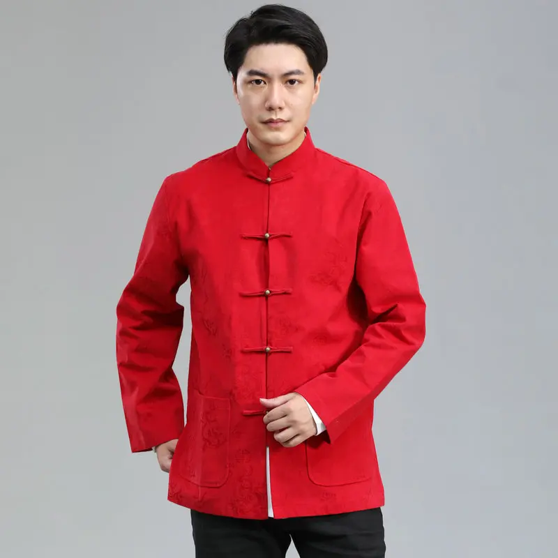 

Chinese Red Brown Dragon Pattern Tang Coat For Men Brushed Fabric Mandarin Collar Jacket Oriental Tunic Outfit For Dragon Year