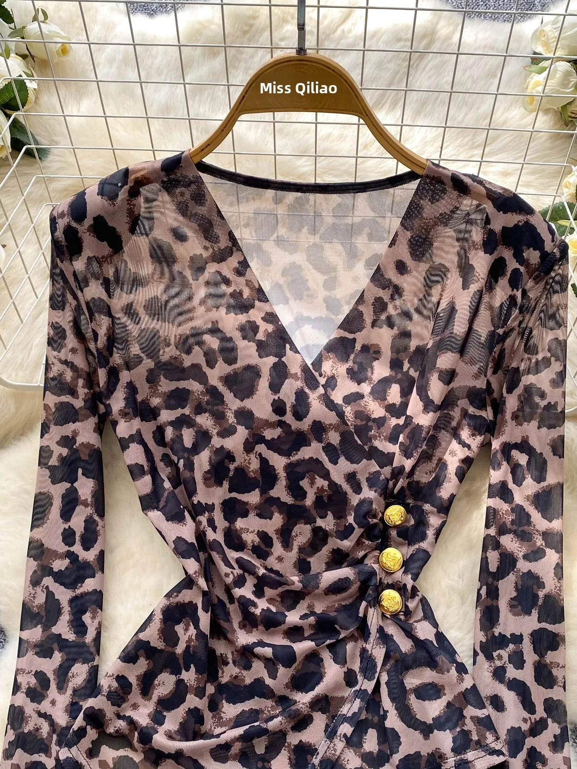Cross V-ne Long Sve Leopard Print Me Top Donna Autunno Faion Design Dimagrante T-shirt asimmetrica Traspirante Comodo...
