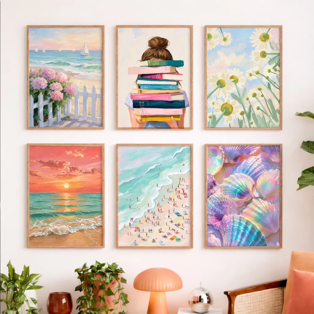 Set of 6 Beach Sunset Ocean Pastel Sailboats Hydrangea Books Daisies Waves Seashells Modern Coastal Beach Ocean Canvas Poster