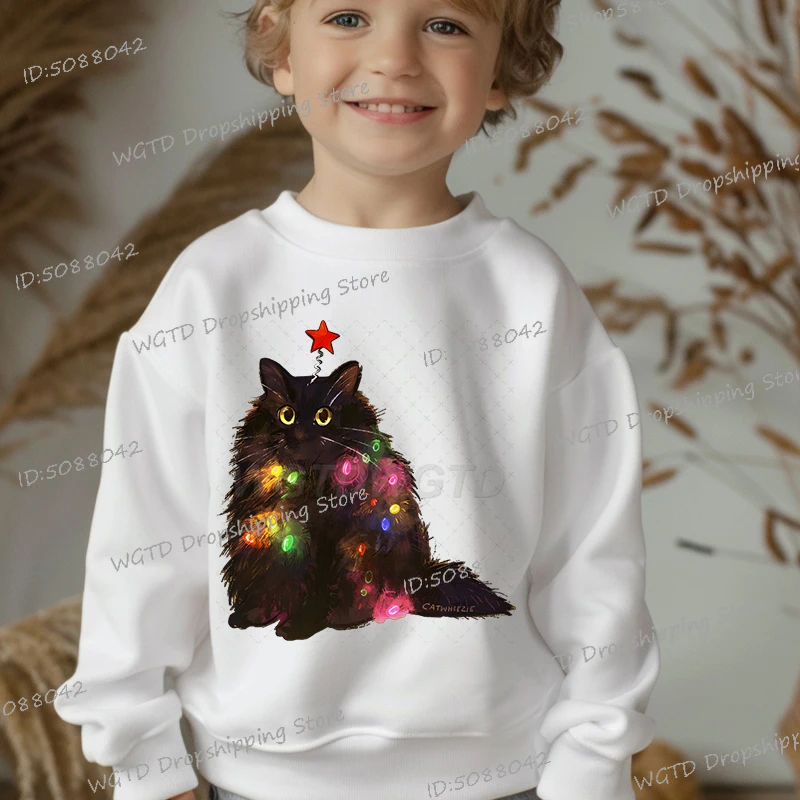 

Fun Christmas Cat Graphic Autumn Children's Sweatshirts Anime Long Sleeve Girls Boys Cartoon Merry Christmas Crew Neck Tops