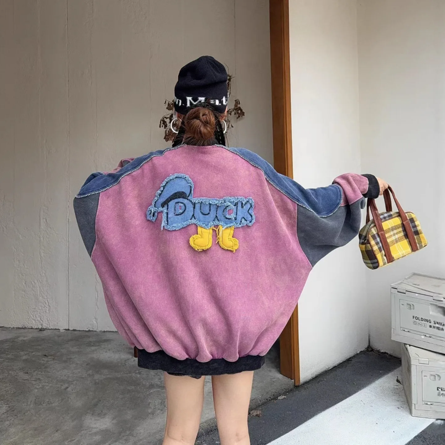 Heavy Industry Patchwork Duck Cartoon Baseball Jacket for Women Spring Autumn Heavy Industry Embroidery Jacket Trendy Brand