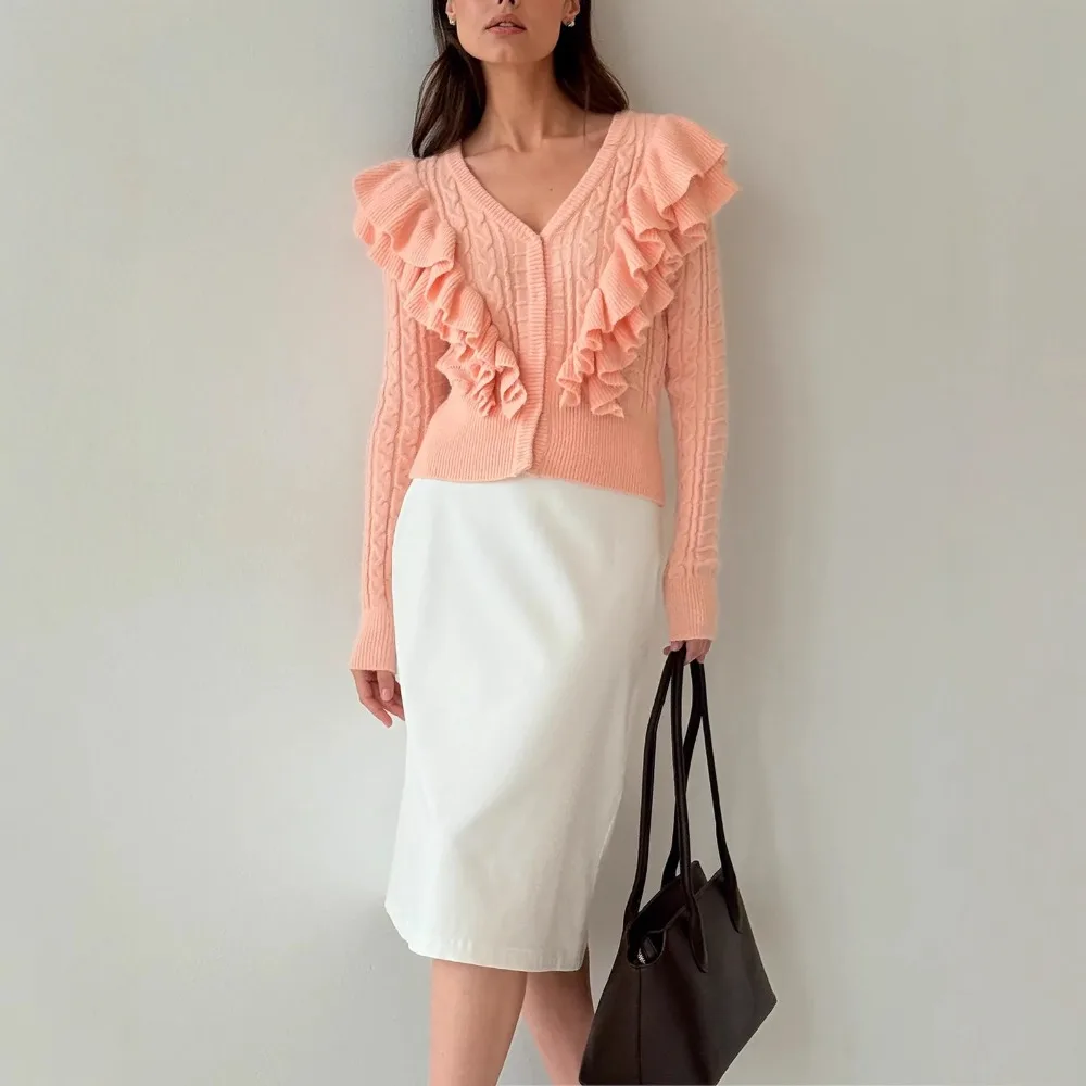 Spring Ruffles Tierred Knit Sweater Women Autumn Long-Sleeve V-Neck Elegant Sweet Jumper Pullover Cardigan Casual Femme Casual