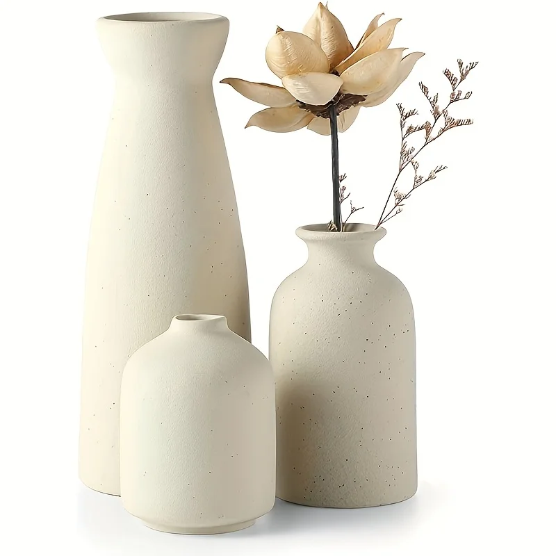 

Distressed Ceramic Vase Set of 3, Modern Bohemian Farmhouse Home Decor, Pampas Grass Dried Flowers Vases for Living Room, Dining