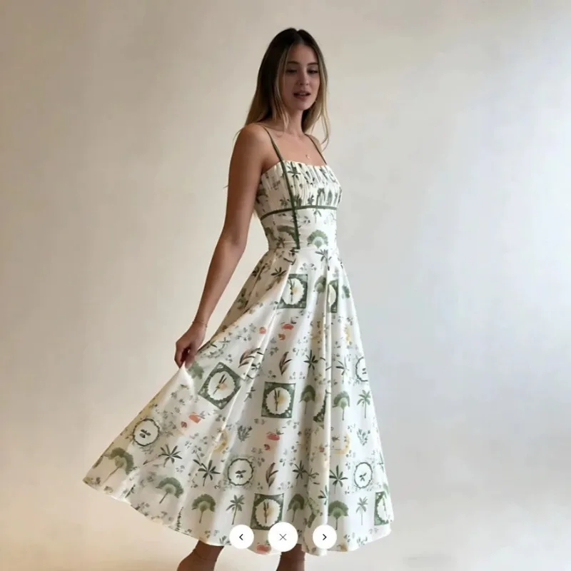 

Women Chic Printed Gathered Large Swing Dress Sexy Sleeveless High Waist Slim Fit Sling Dresses 2026 New Lady Party Club Gowns