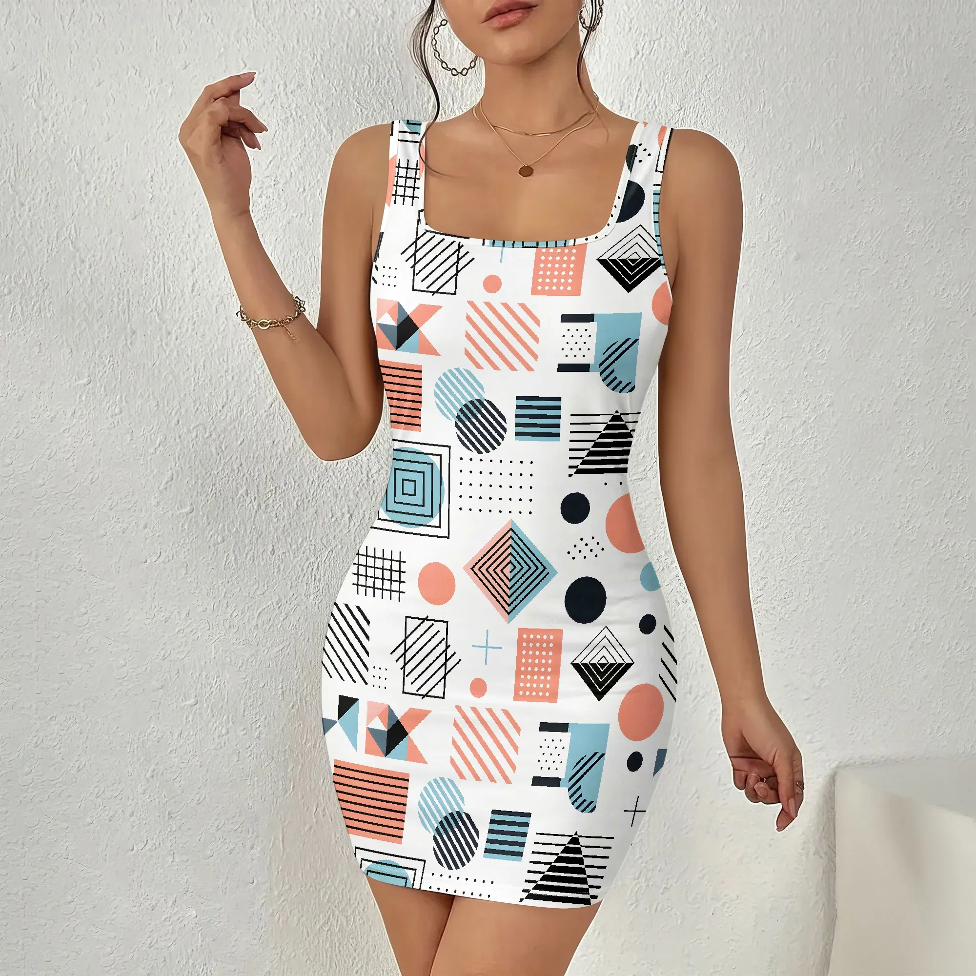 

Retro Print, Sleeveless Dress, Geometric Pattern, Mini Fit, Bodycon Style, Summer Wear, Party Outfit, S-2XL