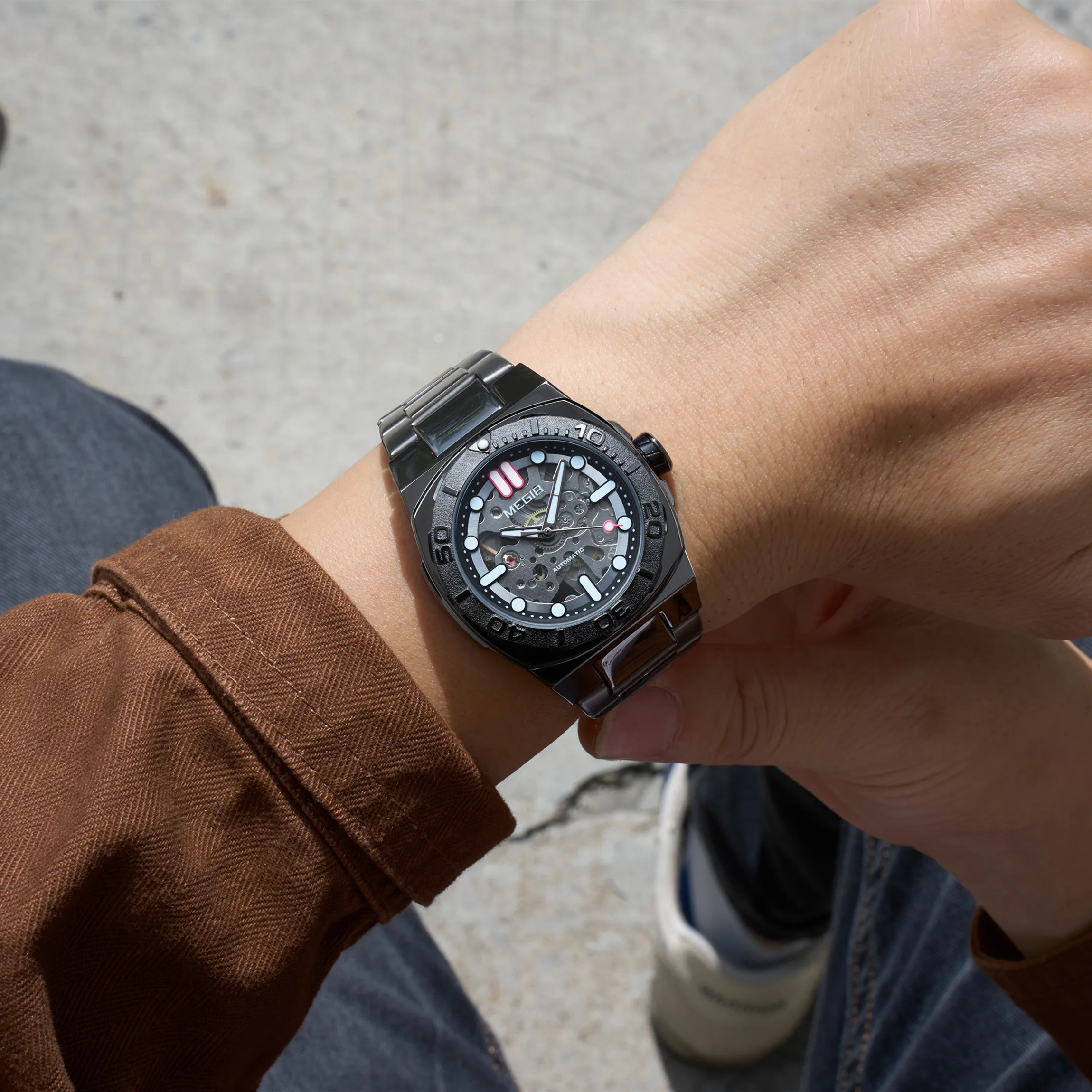 MEGIR Men Watch Luxury Brand Automatic Mechanical Wrist Watches Male Luminous Waterproof Stainless Steel Bracelet Wristwatch