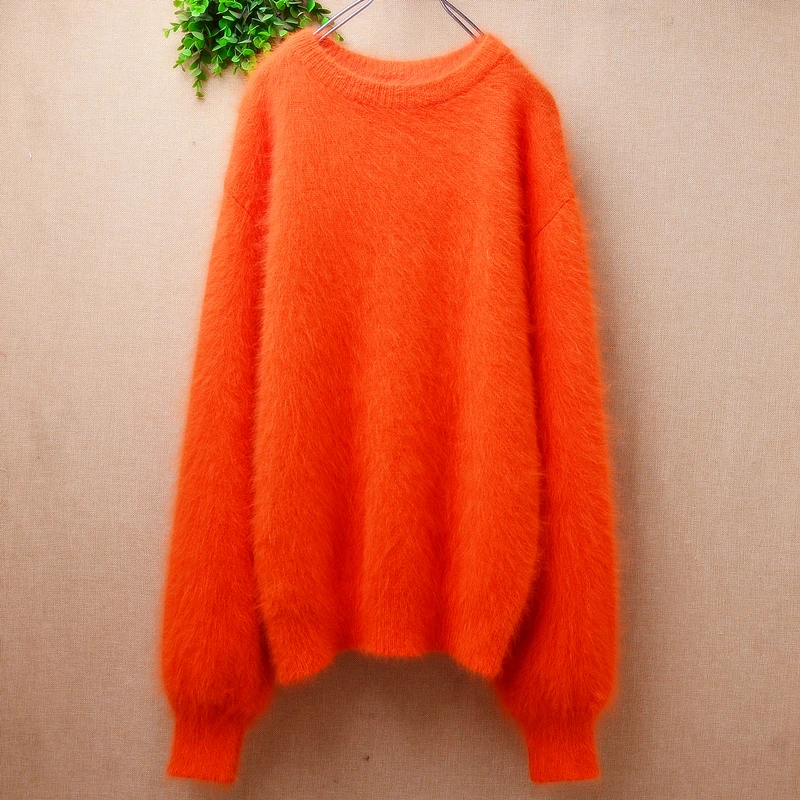 Female Women Spring Autumn Orange Hairy Angora Rabbit Hair Knitwear Inside O-Neck Long Lantern Sleeves Loose Sweater Jumper Pull