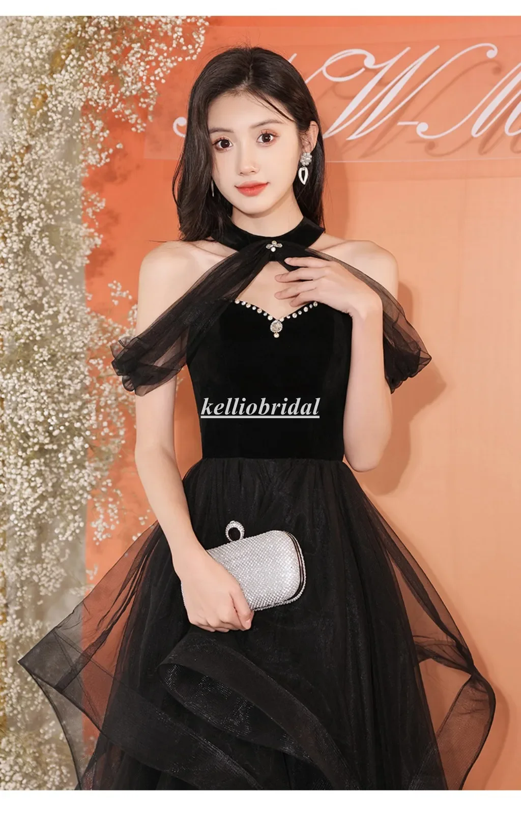 Aangepaste Halter Halslijn Avondjurken Ruches Rok Aline Tule Formele Zwarte Feestjurk LRF003