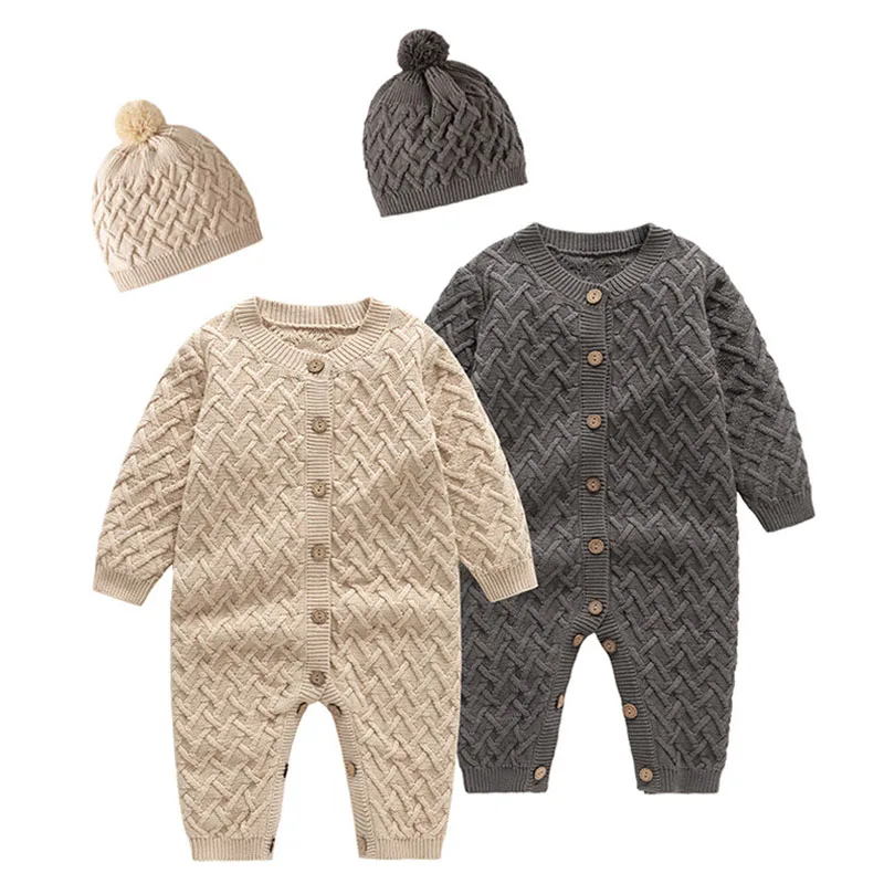 Autunno inverno stile coreano neonato ragazzi ragazza tinta unita maglia tuta + cappello bambino pagliaccetto bambini vestiti lavorati a maglia