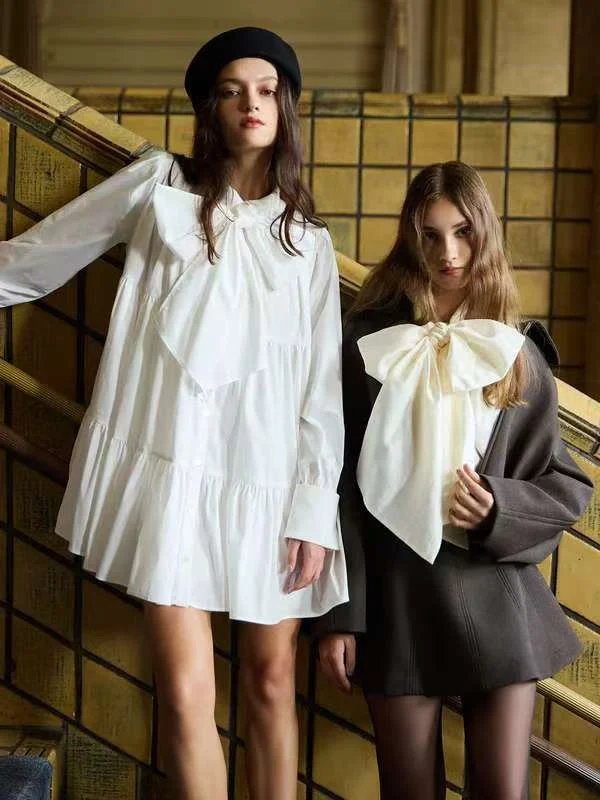 Elegancka francuska koszula z dużą kokardą, długi rękaw, styl japoński, damska luźna sukienka wyszczuplająca, krótka, codzienna, bazowa koszula/top.