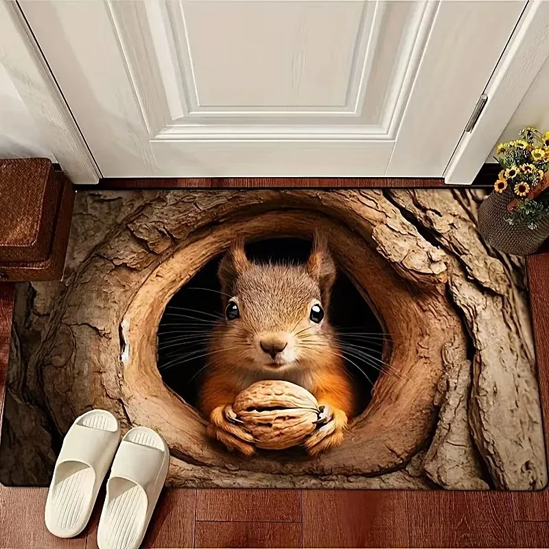 Cute Whimsical Tree‑Hole Squirrel Doormat Realistic Wildlife Animal Print Decorative Lovely Nature‑Style Indoor Entry Floor Mat