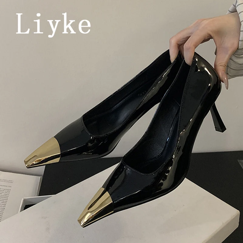 Liyke ฤดูใบไม้ผลิฤดูร้อนรองเท้าส้นสูงสีดําปั๊ม Street เซ็กซี่โลหะ Pointed Toe Slingback รองเท้าผู้หญิงชุด Stiletto Mules Femme