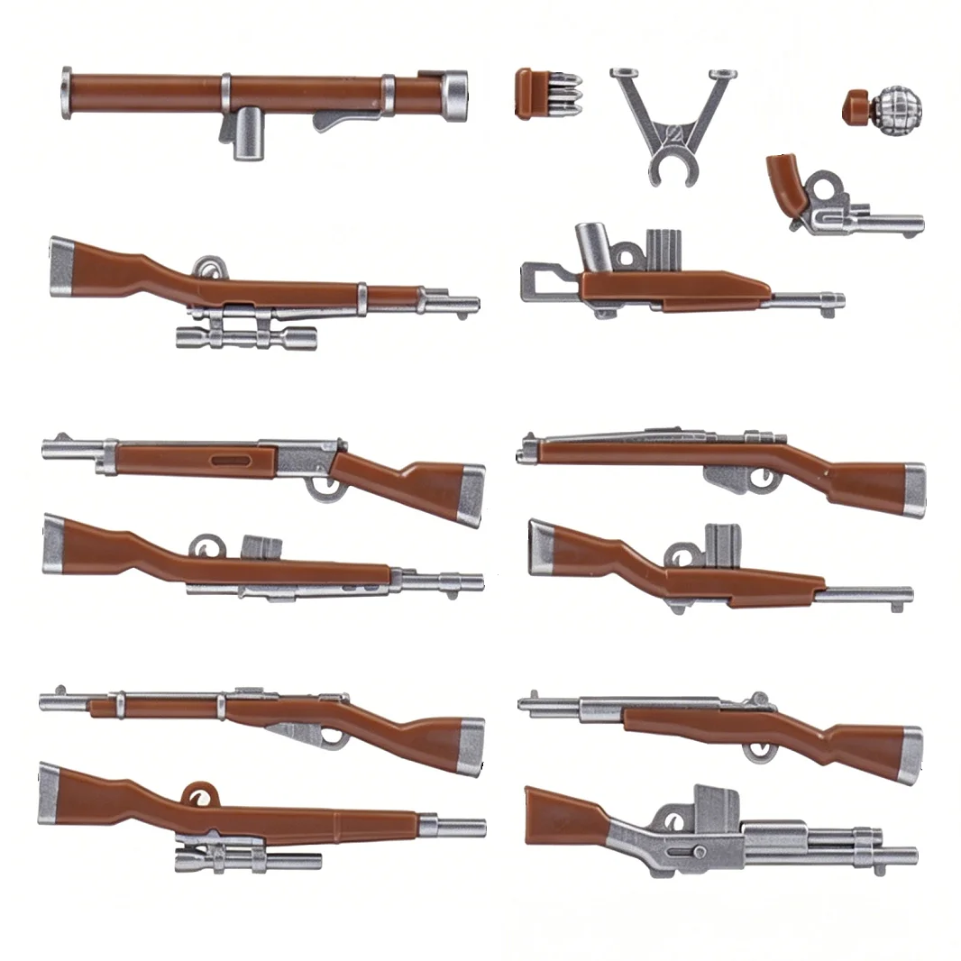 Ensemble de 10 armes militaires argentées de la Seconde Guerre mondiale, fusil et pistolet de soldat soviétique, mini figurines, accessoires, blocs de construction, jouets