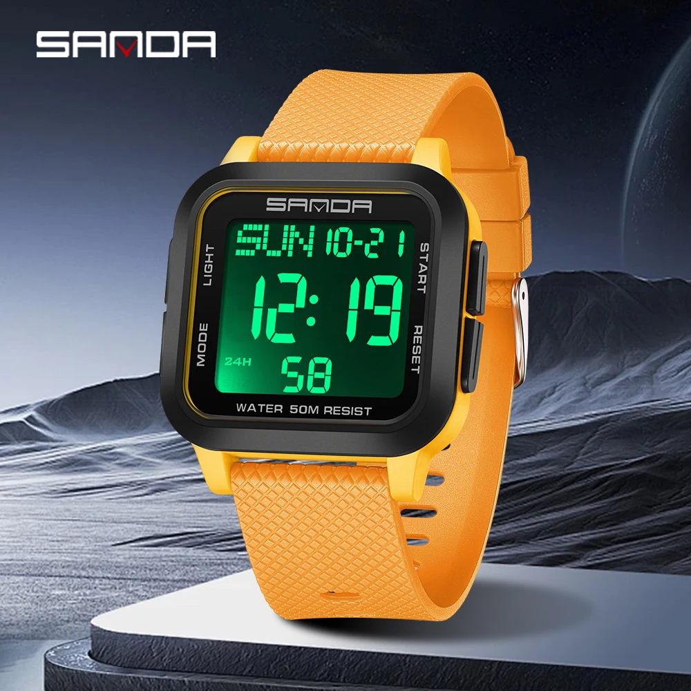 SANDA Waterproof Casual LED Digital Watch Mens Multifunctional Timing Electronic Clock Calendar Alarm Military Square Watch