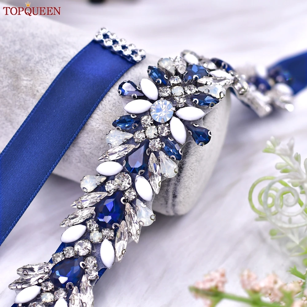 TOPQUEEN S476-ML Wedding Dress Bridal Belt Diamond Applique Blue Evening Gown Waist Decoration Bridesmaid Belt