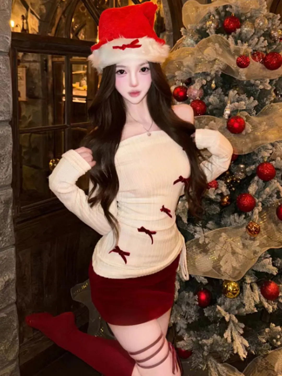 

Spring New Year Unique Beautiful One-oulder Red Dr And ort Skirt Set Comfortable Faionable Women's Outfit ...