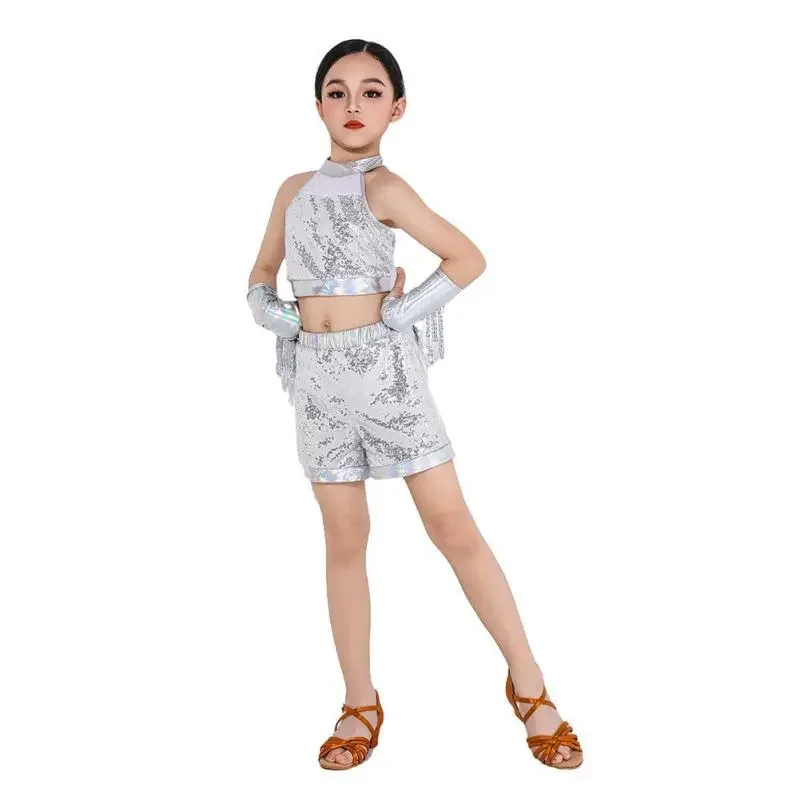 

Kids Sequins Jazz Dance Costumes Girls Ballet Gymnastics Leotard Crop Top+Shorts Set Hip Hop Ballroom Performance Stage Outfits