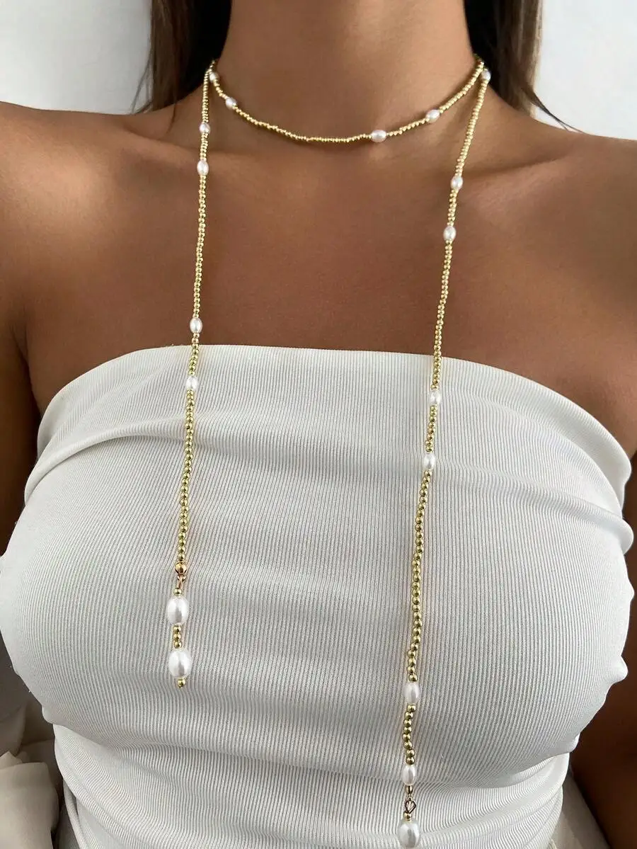 1 collar largo de moda CCB con perlas sintéticas geométricas de estilo bohemio, joyería lujosa y elegante para uso diario/fiestas, regalo para mujeres