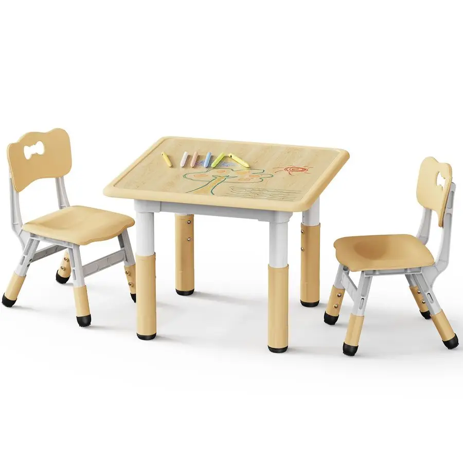 Kids Table and 2 Chairs Set, Height Adjustable Toddler Desk and Chair Set, Graffiti Desktop, Classroom Daycare Home, Children Mu