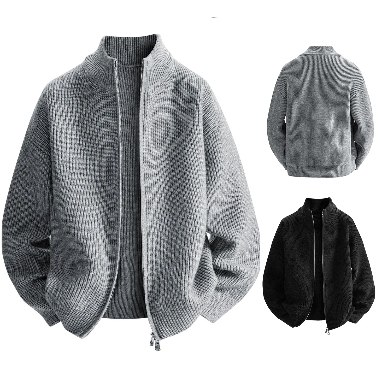 

Cardigan Solid Color Zipper Sweater Men's Knitted Sweater Autumn and Winter New Loose Jacket Stand Up Collar Trendy Brand