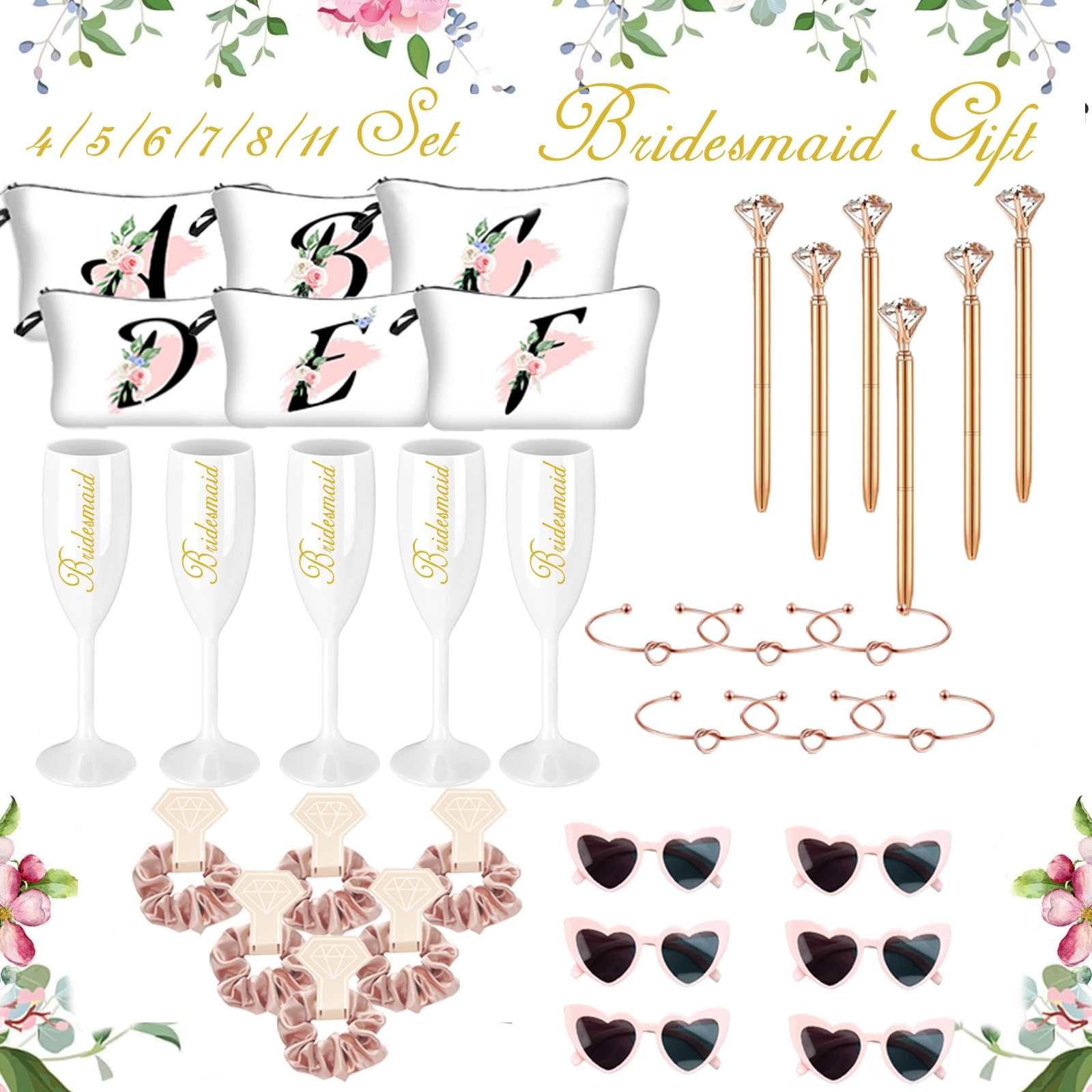 

Bridesmaid Gifts Heart Sunglasses Champagne Flutes Scrunchies Diamond Pens Wedding Bridal Shower Favor Bachelorette Hen Party