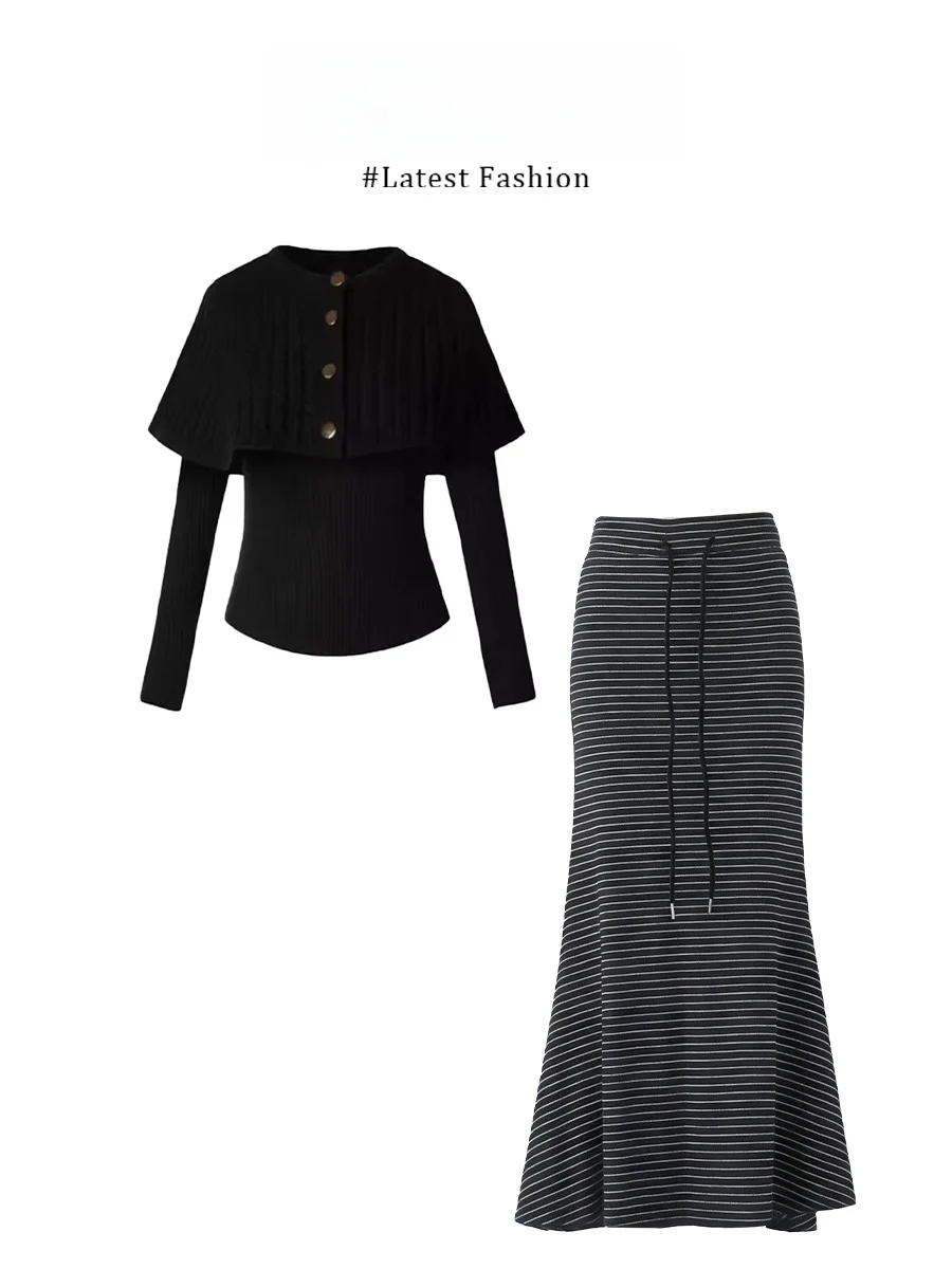 

Комплект Parkyeon2026: Вязаный топ и полосатая юбка в стиле Rich Girl. Теплый, повседневный, свободный крой. Модный.