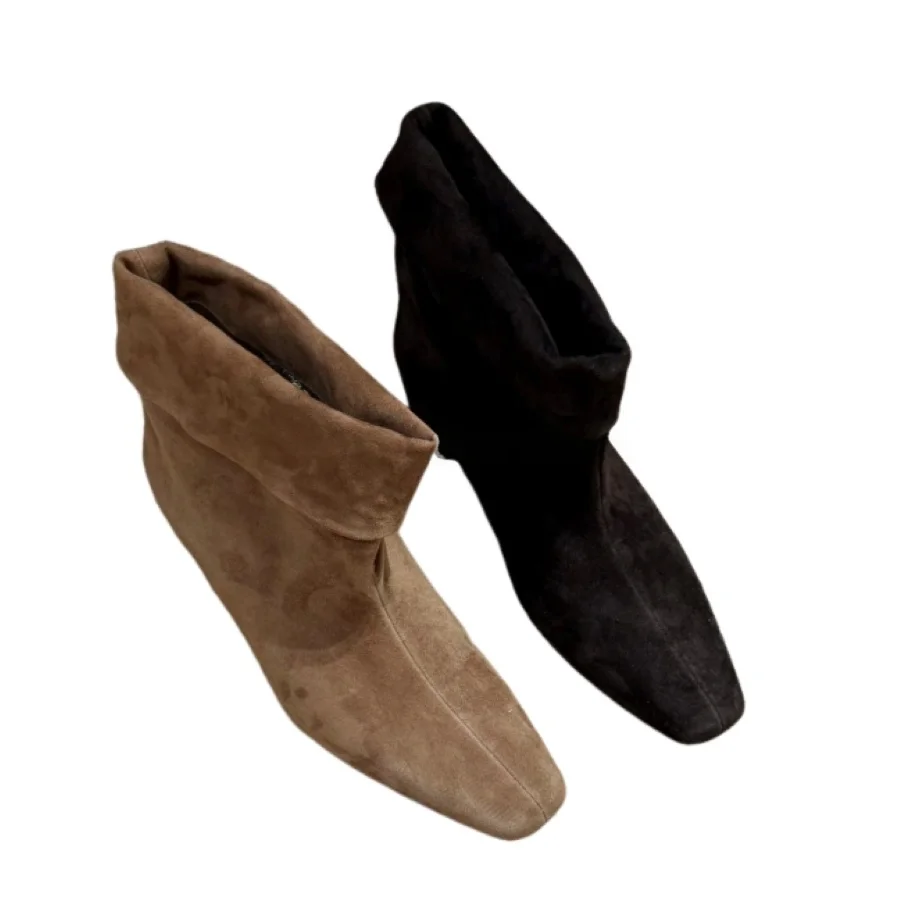 Women Suede Ankle Boots Square Toe Hidden Wedge Heel Slip On Solid Dark Brown Soft Casual Ladies Daily Autumn Winter  BH0803