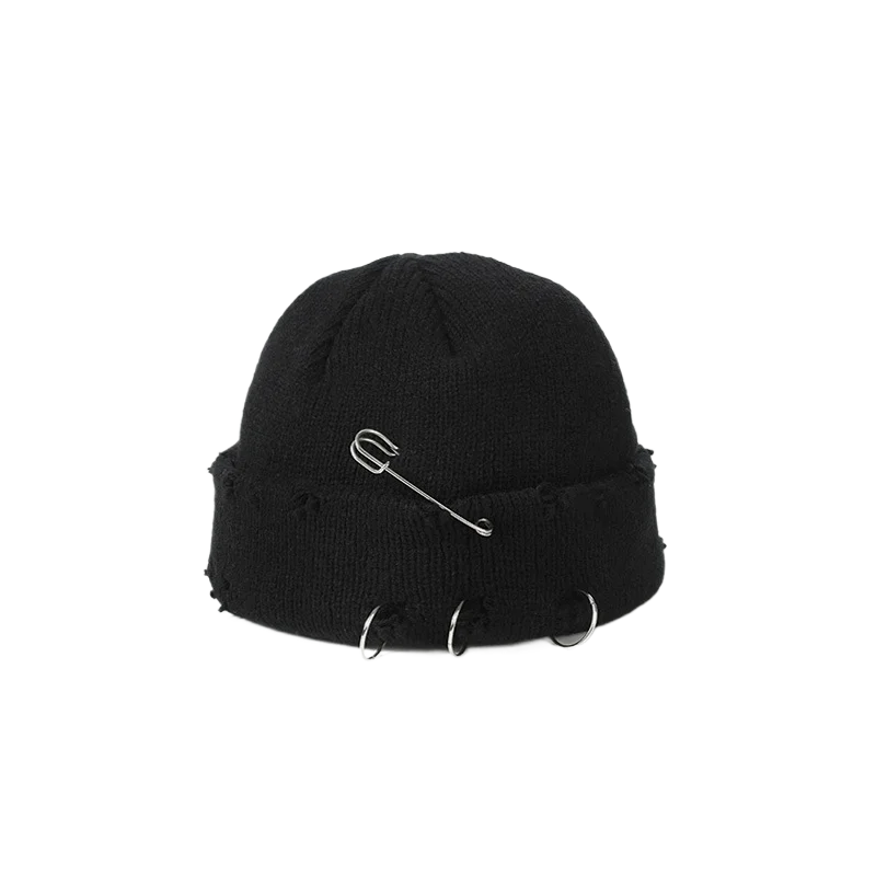 Gothic Beanie Winter Knit Hats Trendy Metal Rings Pin Hip Hop Streetwear Harajuku Y2k Skull Cap Emo Scene Grunge Accessories