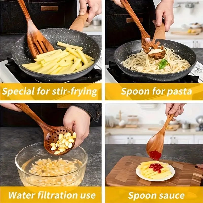 FYBL-Wooden Cooking Tools 8 Pieces Wood Kitchen Utensil Set With Holder Ideal For Healthy Non-Stick Cookware