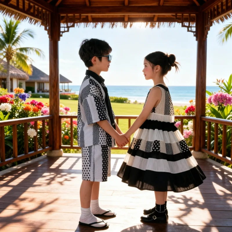 Sibling Matching Outfits Summer Kids Colorblock Polka Dot 2PCS Set Boy Short Sleeve Shirt + Shorts Girl Sleeveless Dress