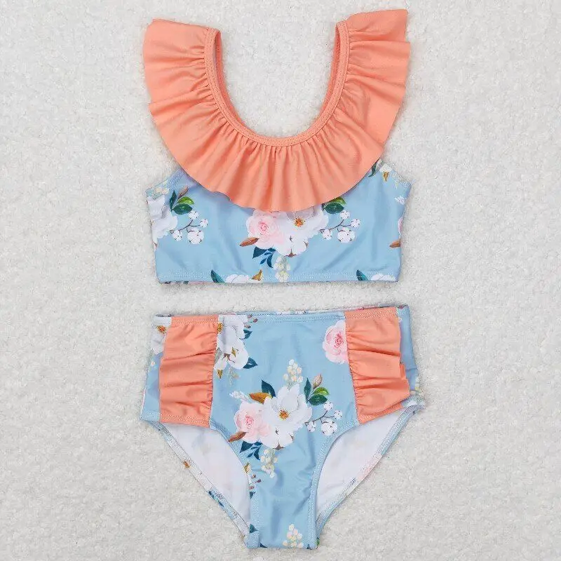 RTS Wholesale Baby Girls Flowers Blue Color Orange Ruffle Summer Kids Children Beach Wear Bikini Bows Swimwear Swimsuits