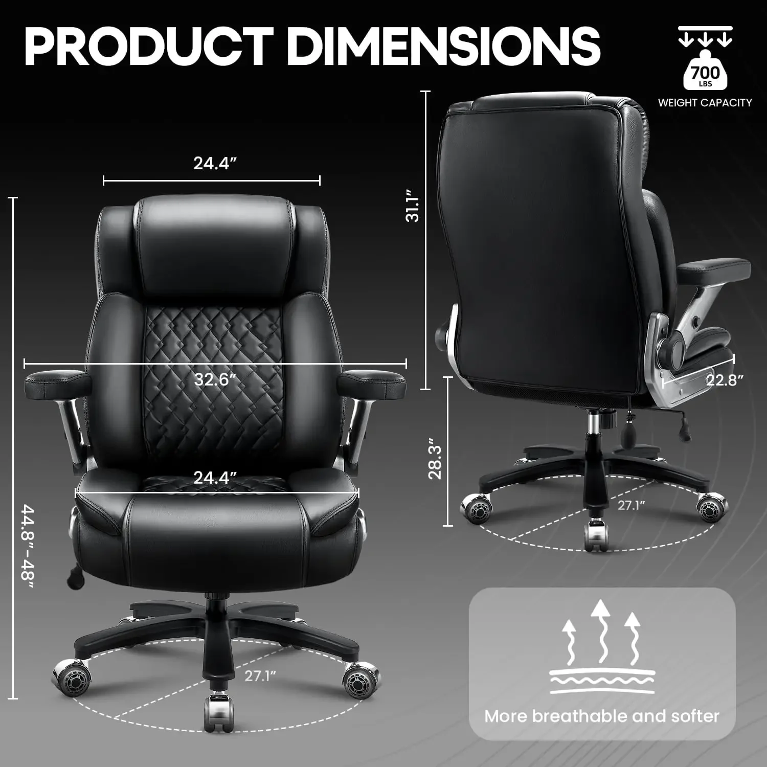 Cadeira de escritório resistente de 700LBS com braços 5D, cadeira de mesa executiva com encosto alto, suporte lombar ajustável, rodas duplas de borracha (preto