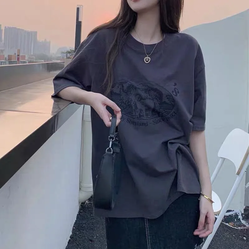 Shoulder Short sleeve T-shirt Women Summer  Loose Ins National Fashion Brand Design Sense  Oversize Half Sleeve Top