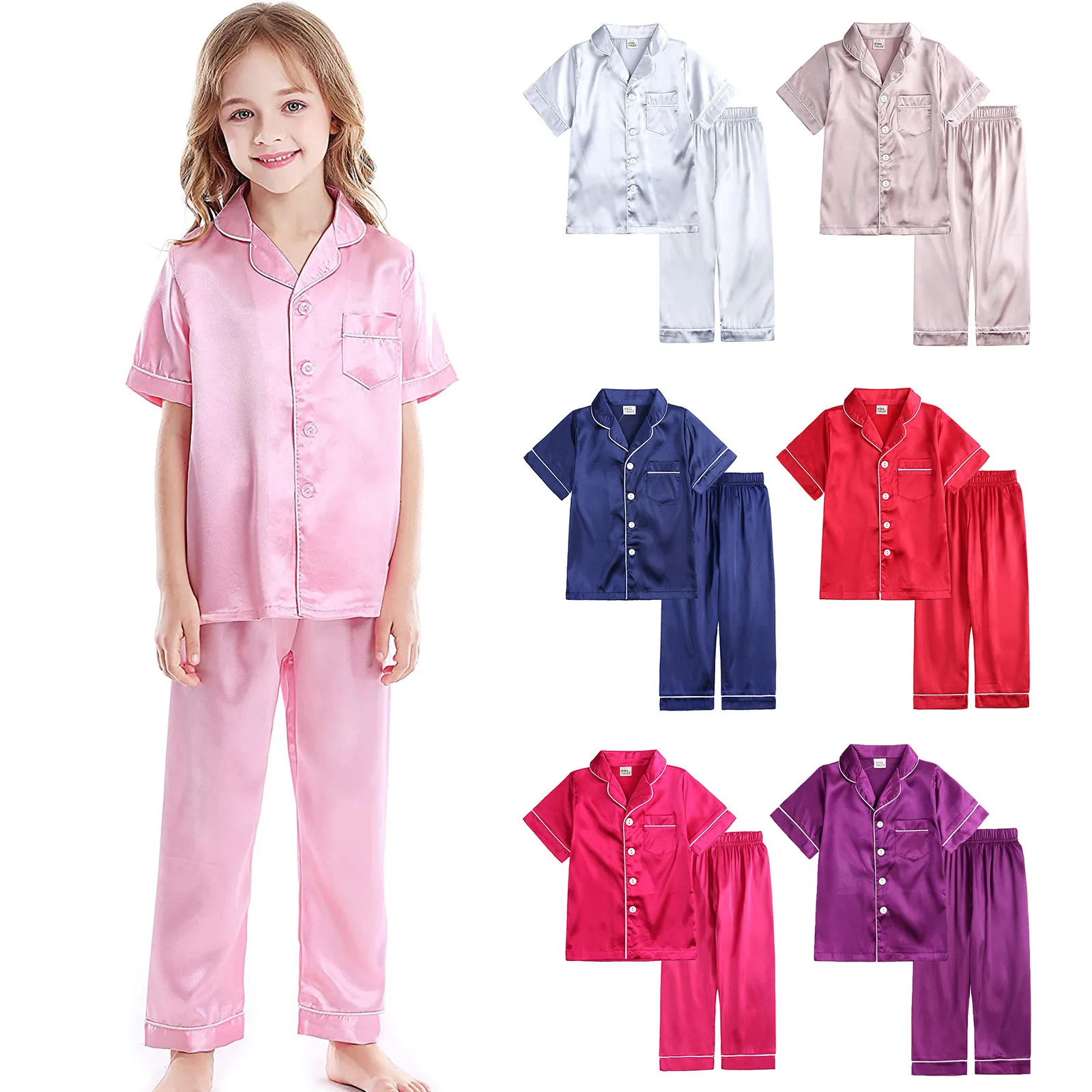 6M-11Y Baby Girls Boys 2PCS Pajamas Set Satin Silk Kids Short Sleeves Casual Sleepwear Button Down Classic Loungewear Pants New