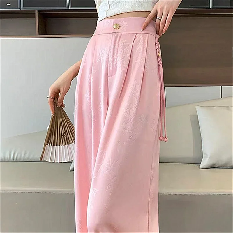 

Summer Vintage 2024 New Satin Women's Pants Elegant Wide Leg High Waist Solid Pockets Minimalism Loose Casual Trousers Female