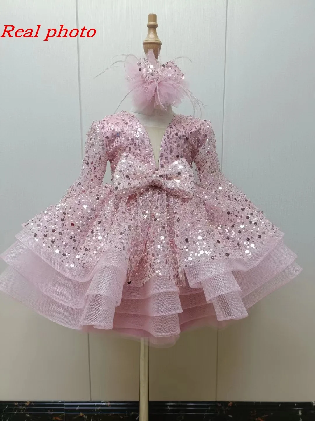 Luxurious Feather Child Birthday Party Dress Sparkly Girl Wedding Party Dress Puff Flower Girl Dress Cute Baby First Gown