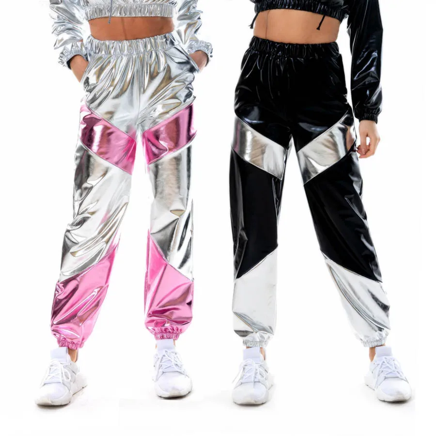 Metallic Pants Patchwork Trousers Rave Outfit Reflective Nightclub Stage Performance Clothing Stage Costume Women Jogger Hip Hop