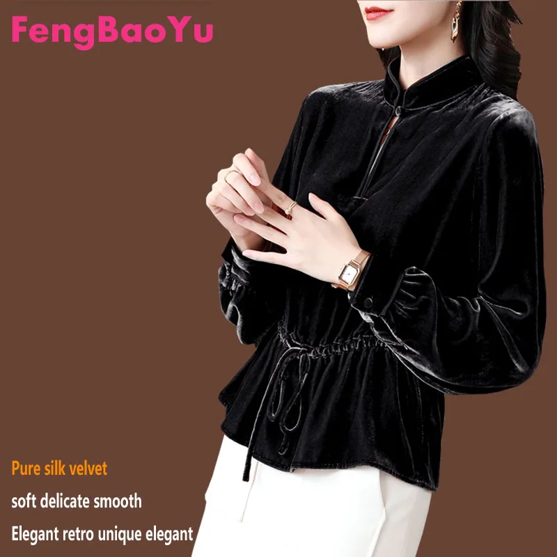 

Fengbaoyu Silk Velvet Spring Autumn Lady Chinese Style Long Sleeves Vintage Fashion Vertical Collar Shirt Elegant Free Shipping