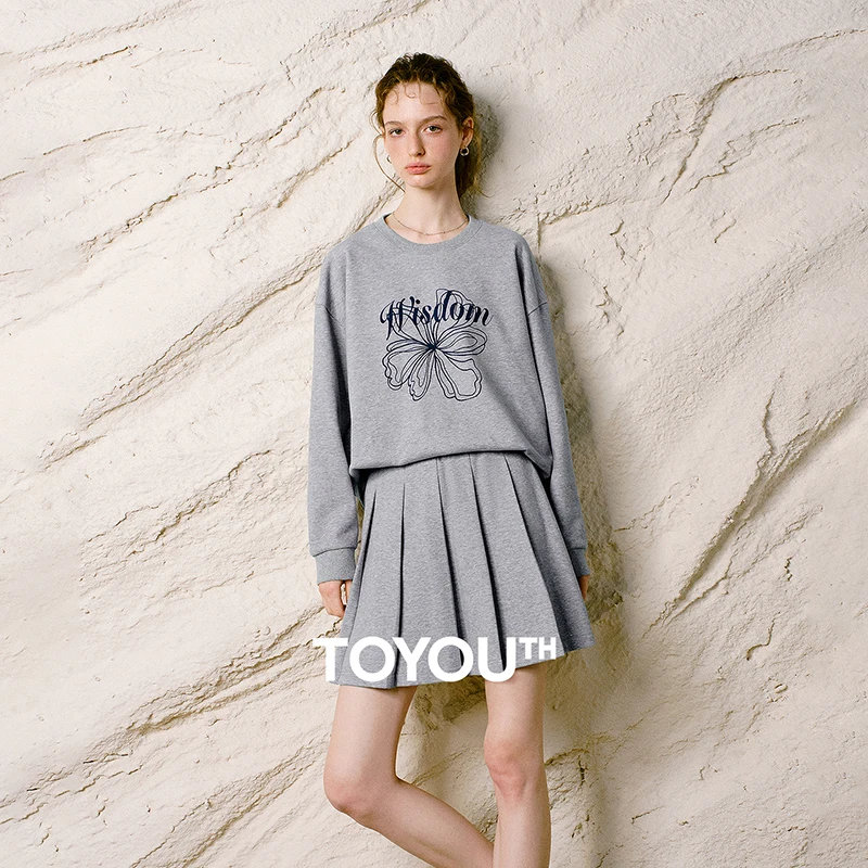 TOYOUTH Women Two Piece Set 2026 Winter New Crew Neck Floral Sweatshirt Pleated Mini Skirt College Sport Outfit