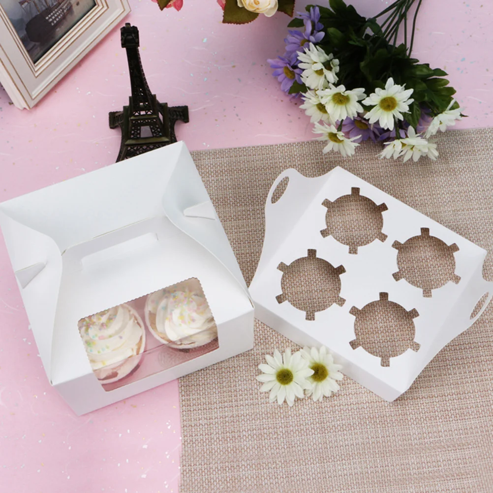 10pcs 4 Cavities Paper Cupcake Box Portable Dessert Containers Bakery Cake Carriers for Home Dessert Shop (Kraft)