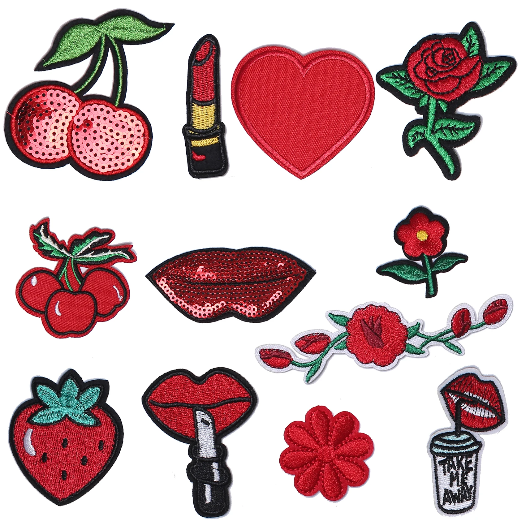 AXEN Embroidered Patches, 3D, Red Lipstick, Red Lip, Heart, Strawberry, Red Rose, Iron on Sew on Badges, Holt Melt Backing, Set